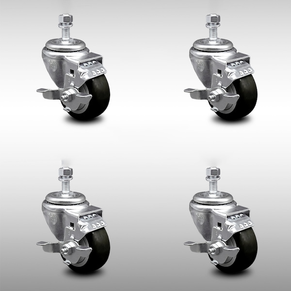 Service Caster 3.5 Inch SS Black Polyurethane Swivel 12mm Threaded Stem Caster Set Brake SCC-SSTS20S3514-PPUB-BLK-TLB-M1215-4 - main